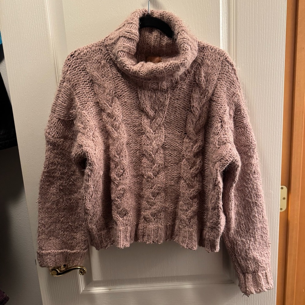POL chunky cable-knit chenille turtleneck sweater in a dusty pink